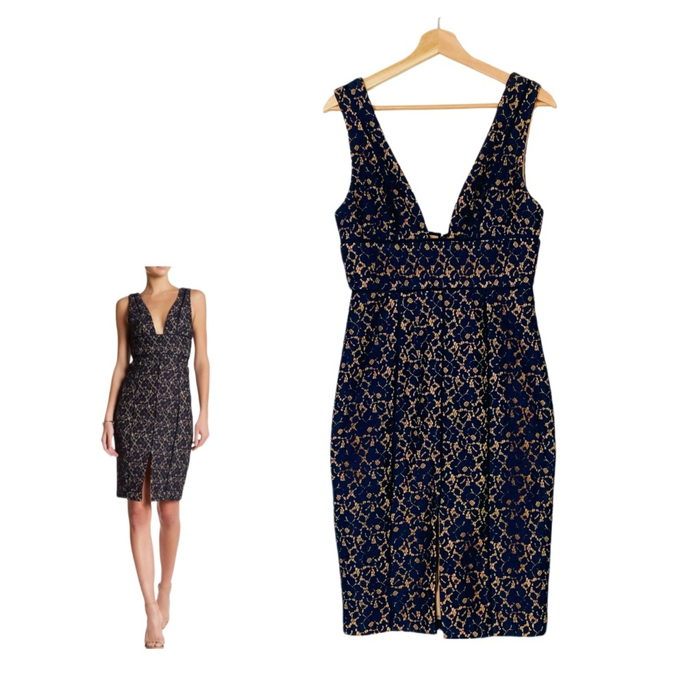 Keepsake the Label Too Soon Lace Sheath Dress Navy and Nude Size Medium